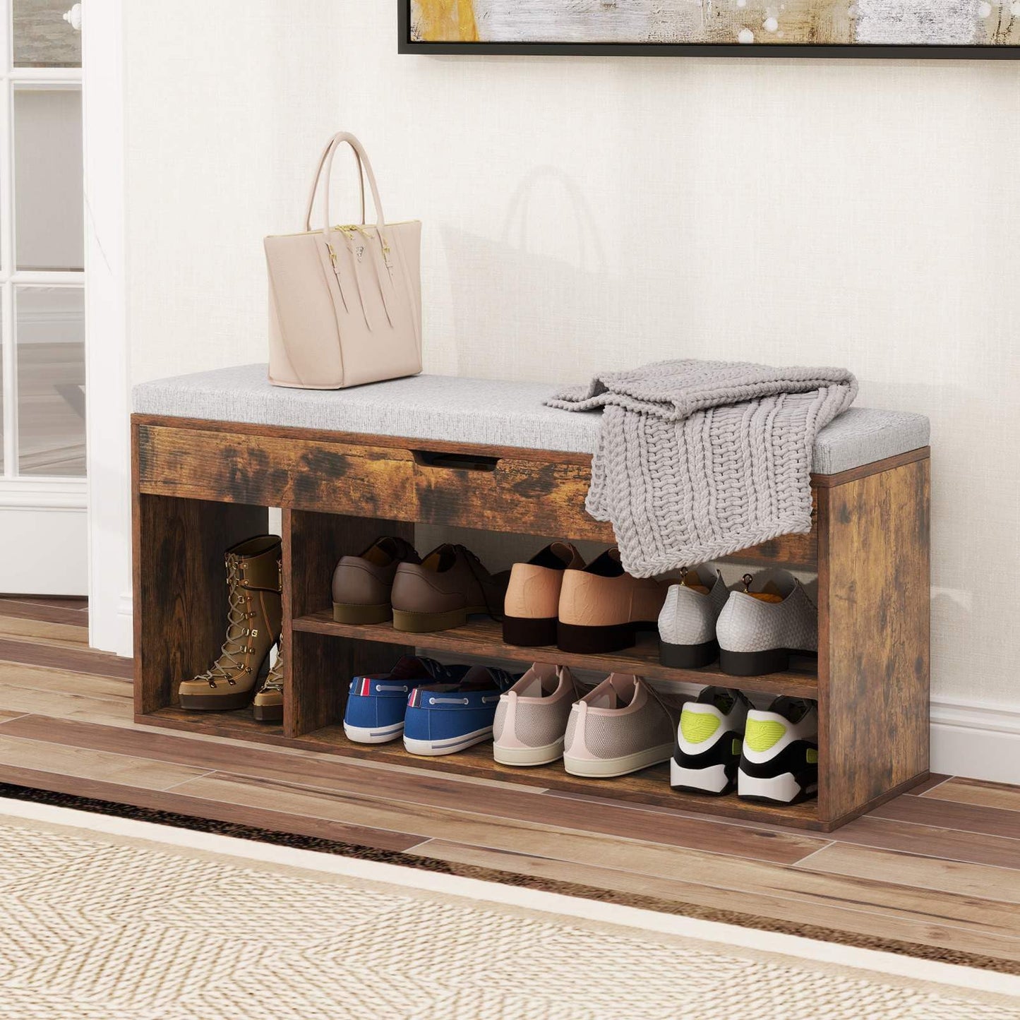 Shoe Bench w/Padded Seat, Shoes Rack w/Hidden Storage