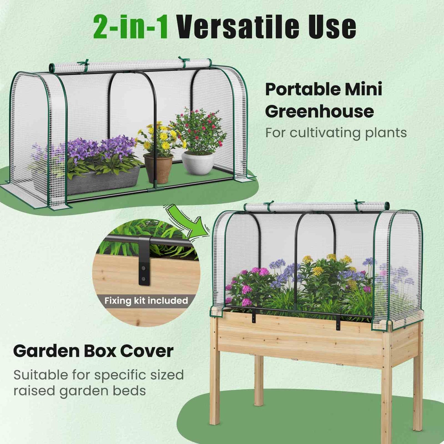 Wooden Raised Garden Bed w/ Sun-Protective PE Cover Elevated Planter Box w/ Legs