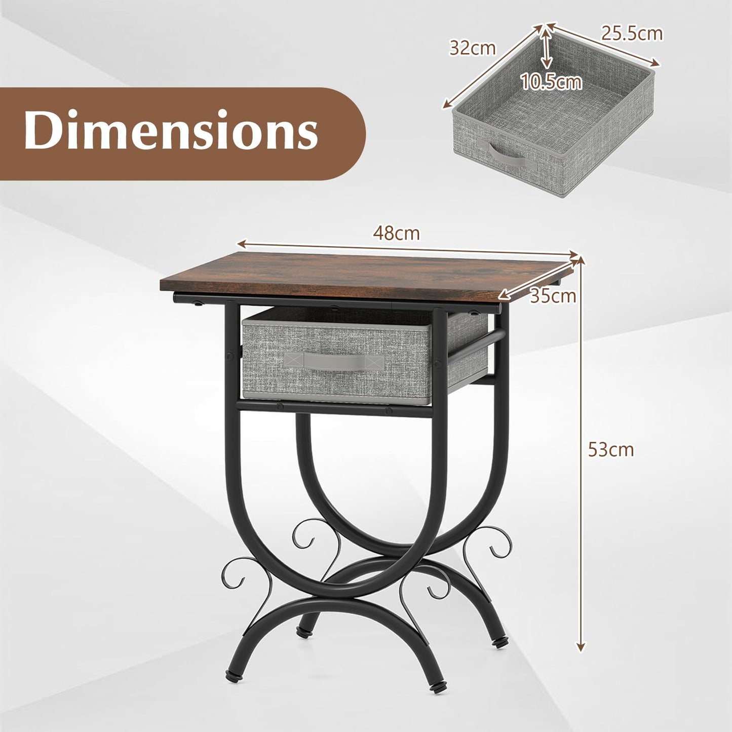 Side Table with Fabric Drawer, Nightstand with Carved Metal Frame