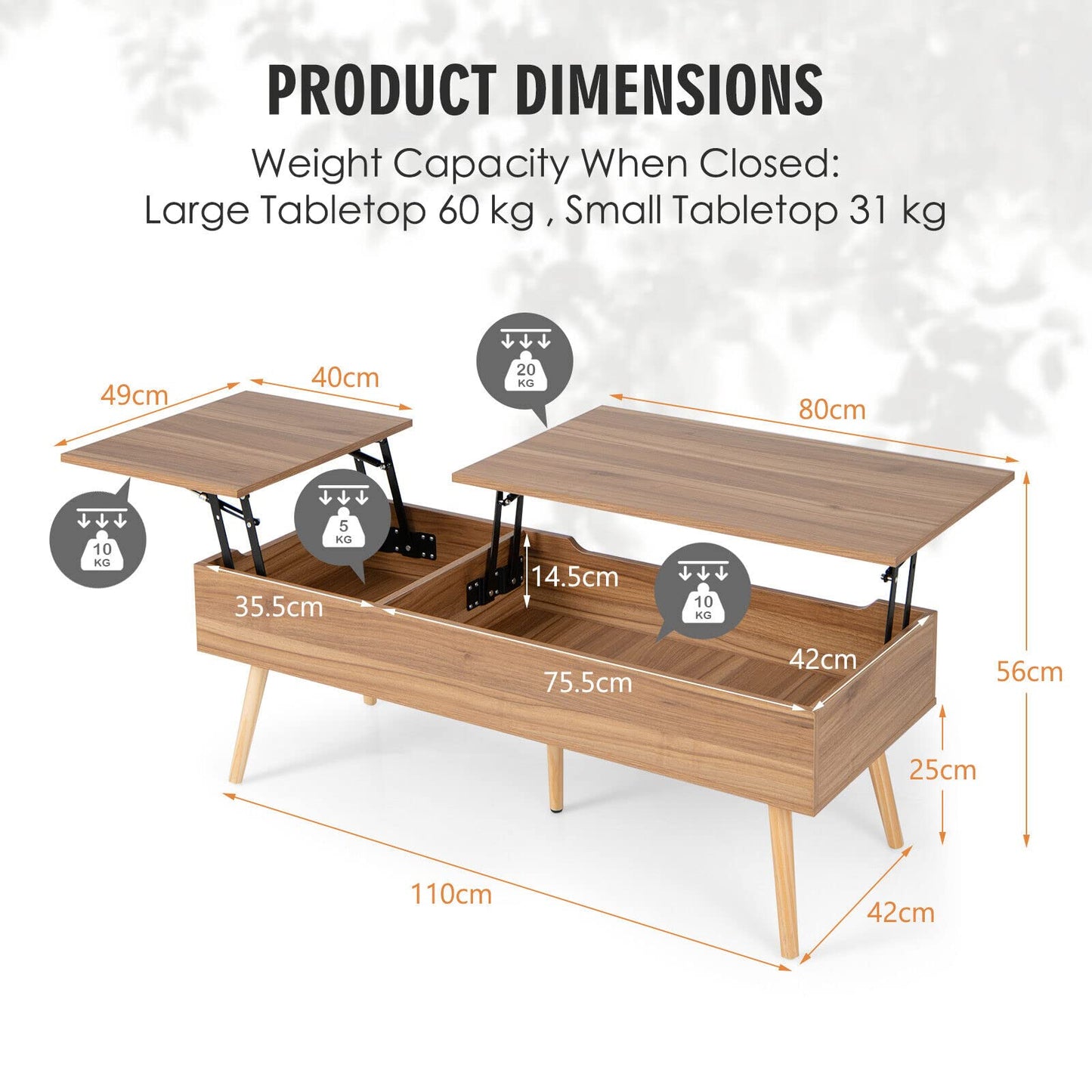 120cm Lift Top Coffee Table with Storage, Split Top Accent Table with Pneumatic Rods, Brown