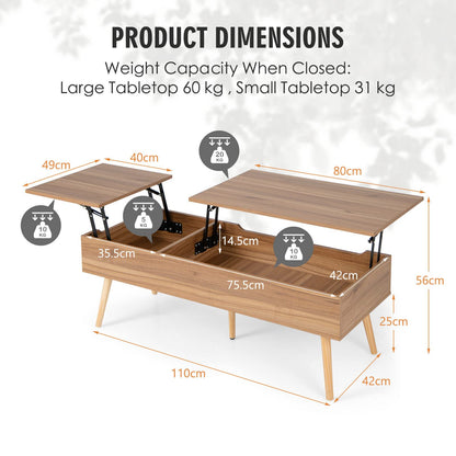 120cm Lift Top Coffee Table with Storage, Split Top Accent Table with Pneumatic Rods, Brown
