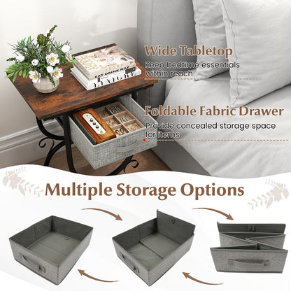 Side Table with Fabric Drawer, Nightstand with Carved Metal Frame