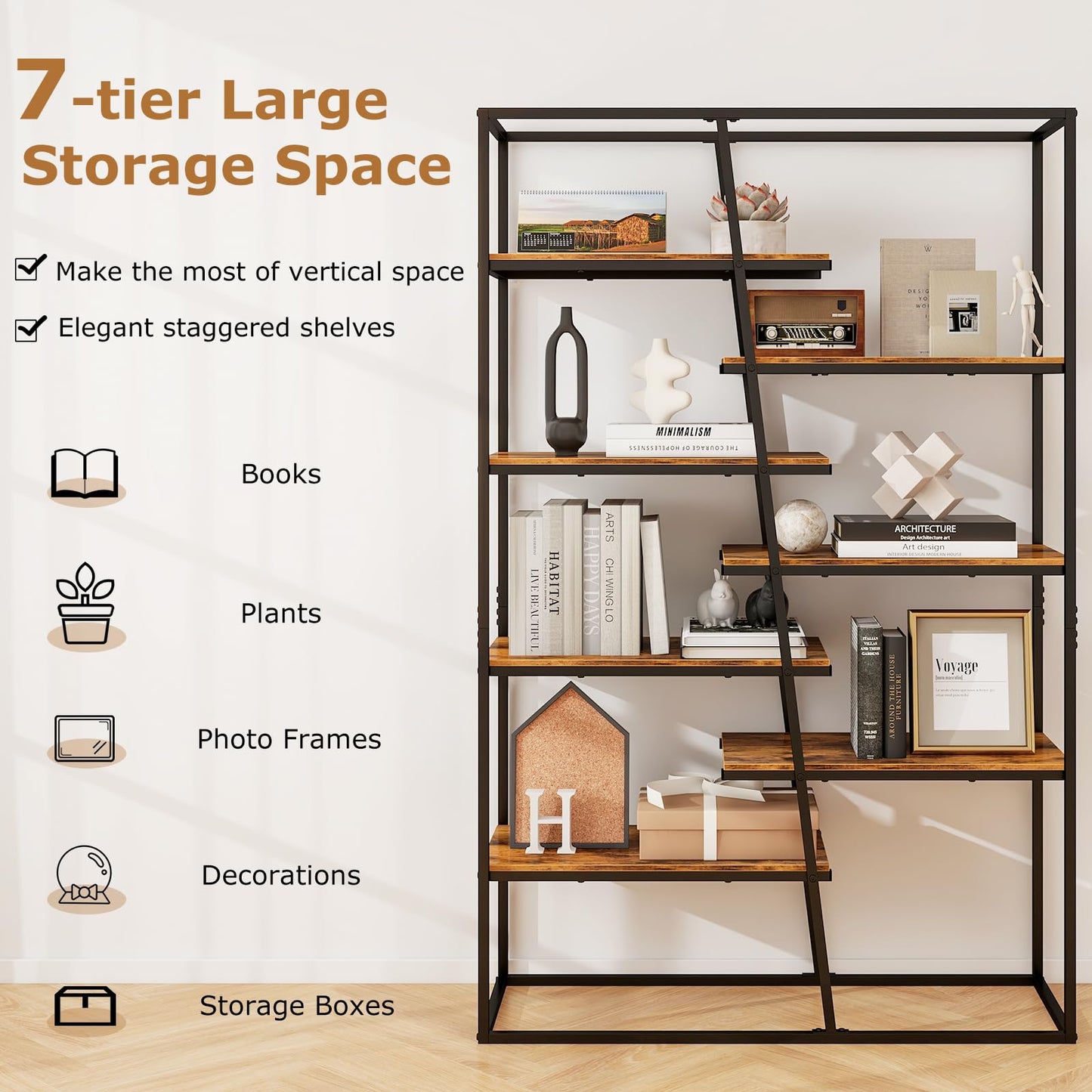 180 cm Tall Bookshelf, 7-Tier Industrial Etagere Bookcase