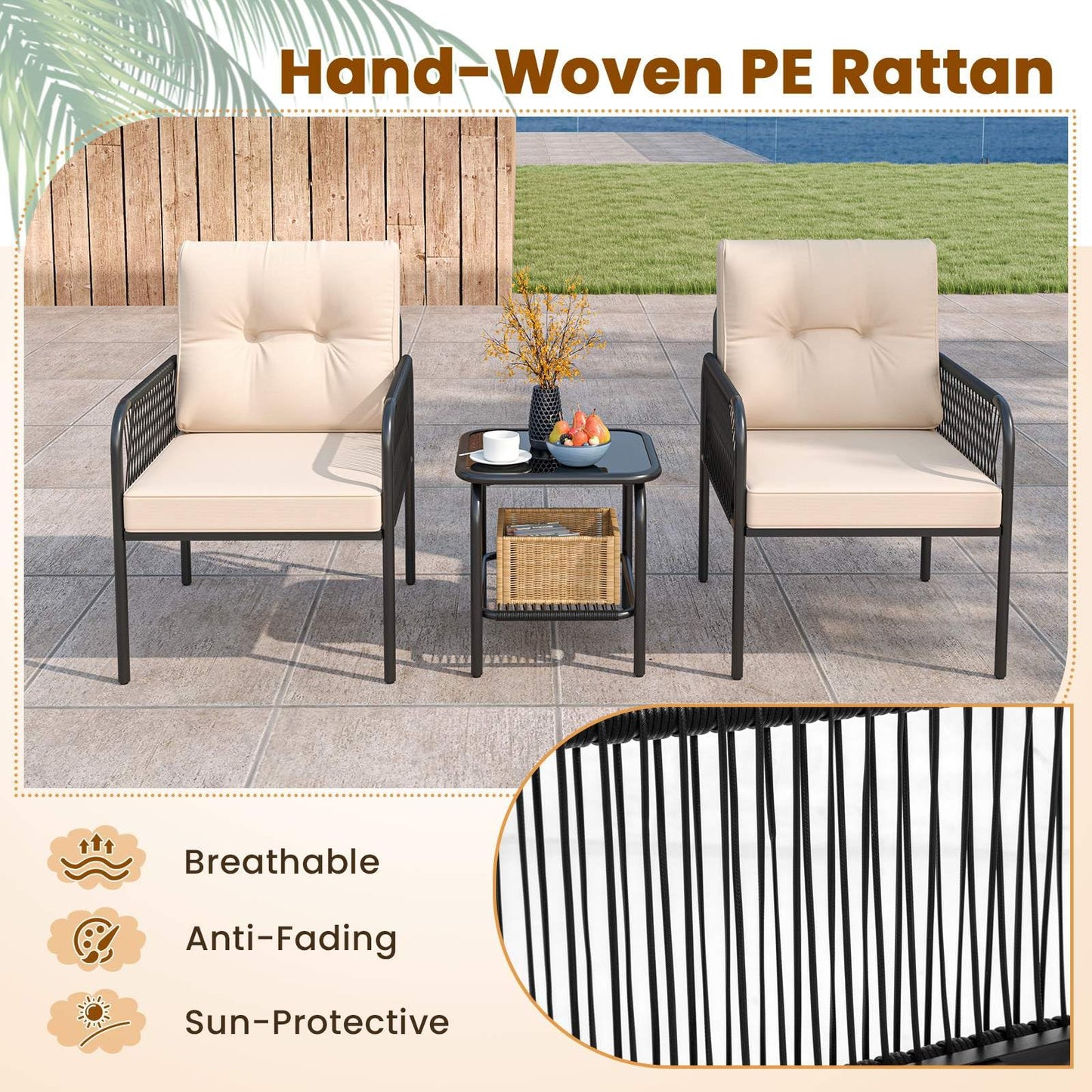 3 Pieces Patio Bistro Set, PE Rattan Furniture Set