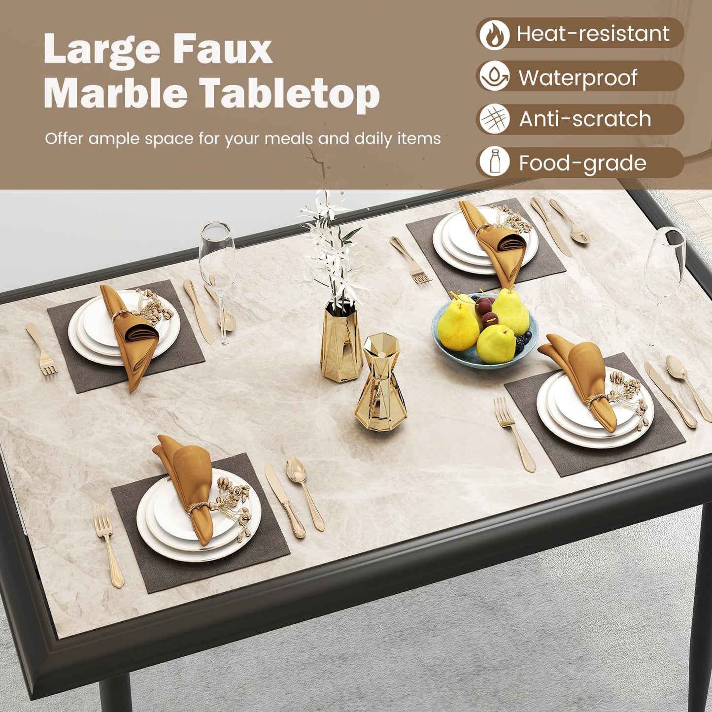 Sintered Stone Dining Table, Rectangular Kitchen Table w/Metal Frame