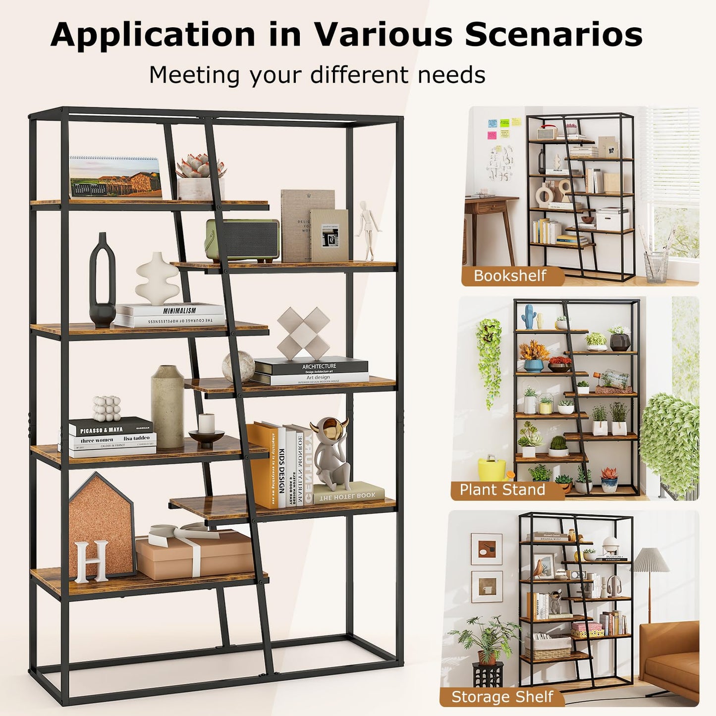 180 cm Tall Bookshelf, 7-Tier Industrial Etagere Bookcase