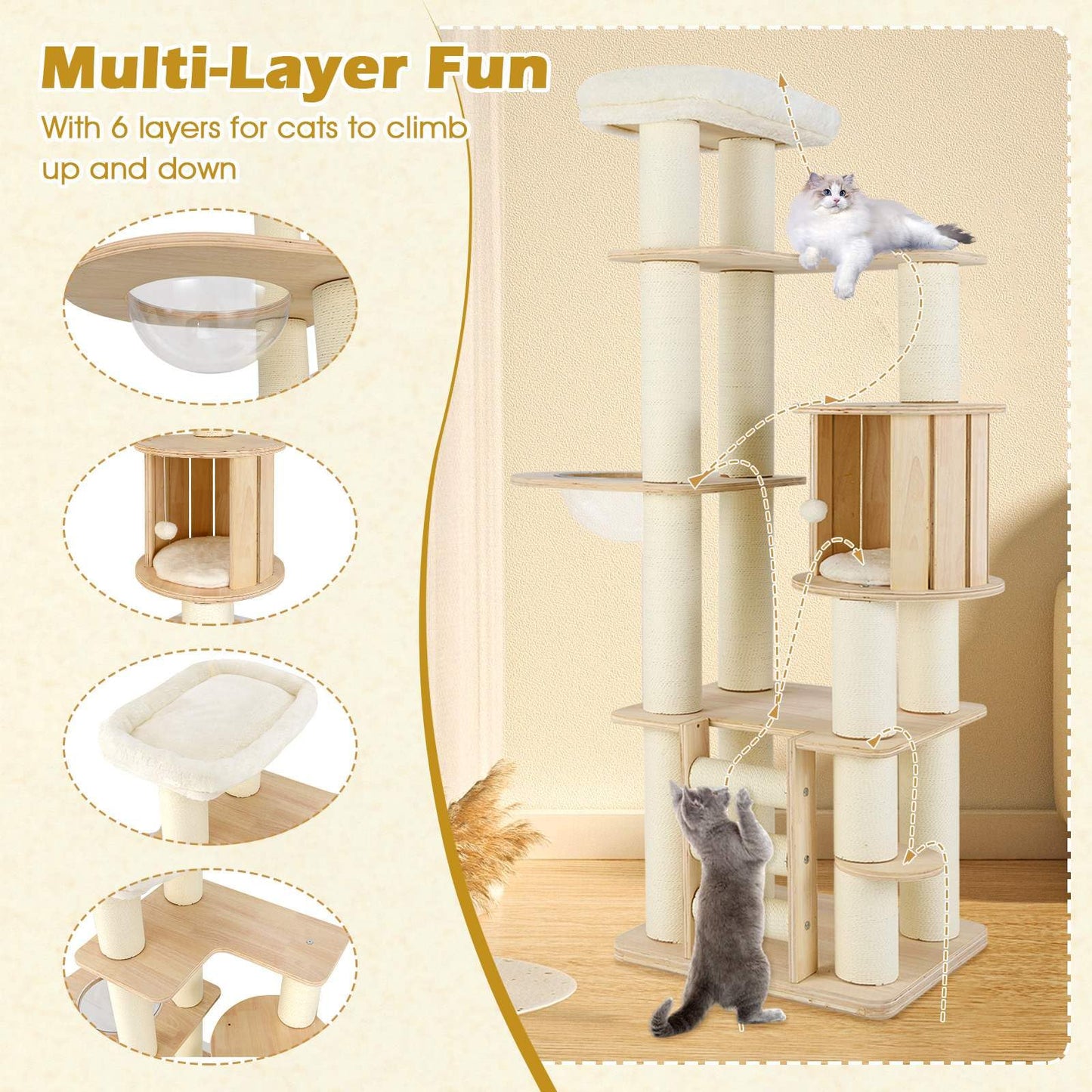 180cm Tall Wooden Cat Tree w/Cozy Perch, Condo, Space Capsule