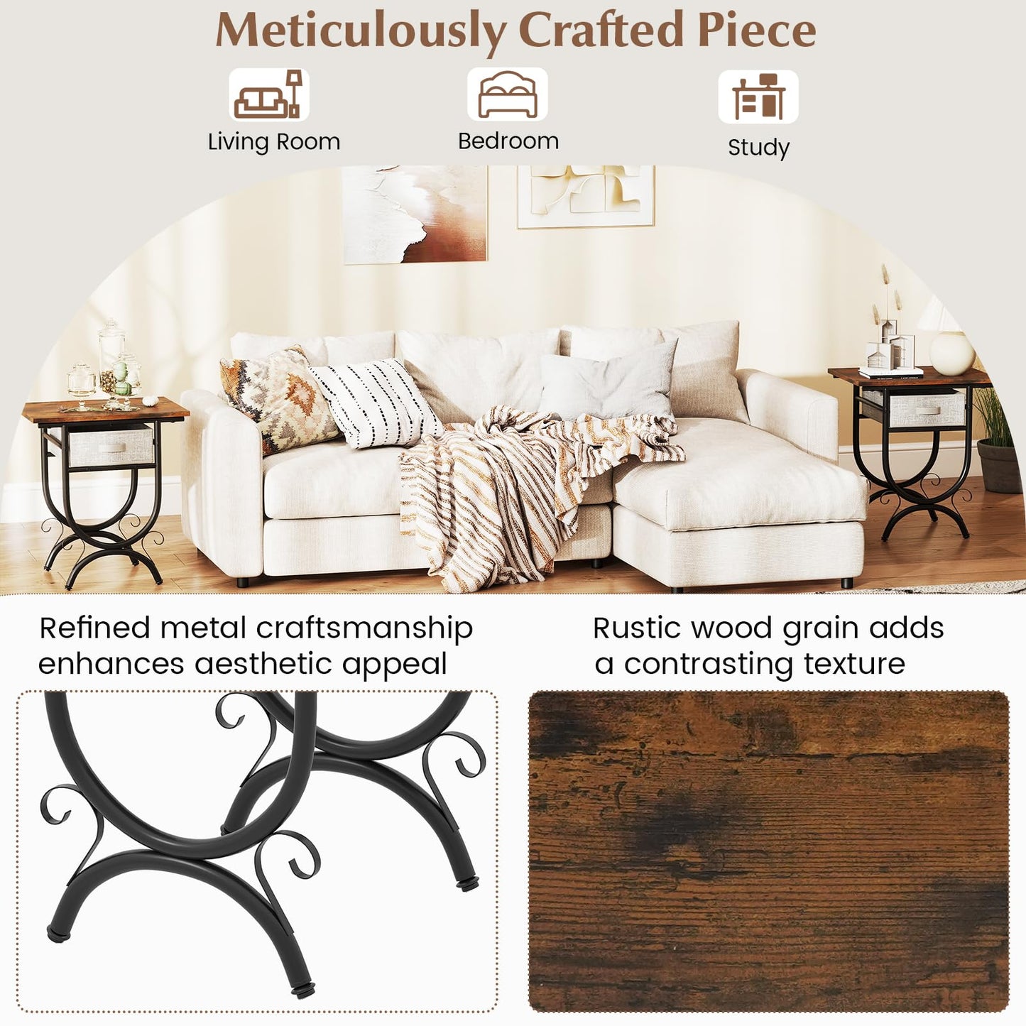 Side Table with Fabric Drawer, Nightstand with Carved Metal Frame