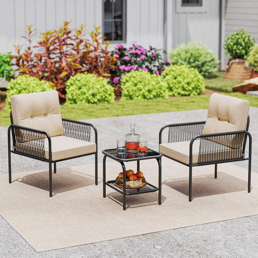 3 Pieces Patio Bistro Set, PE Rattan Furniture Set