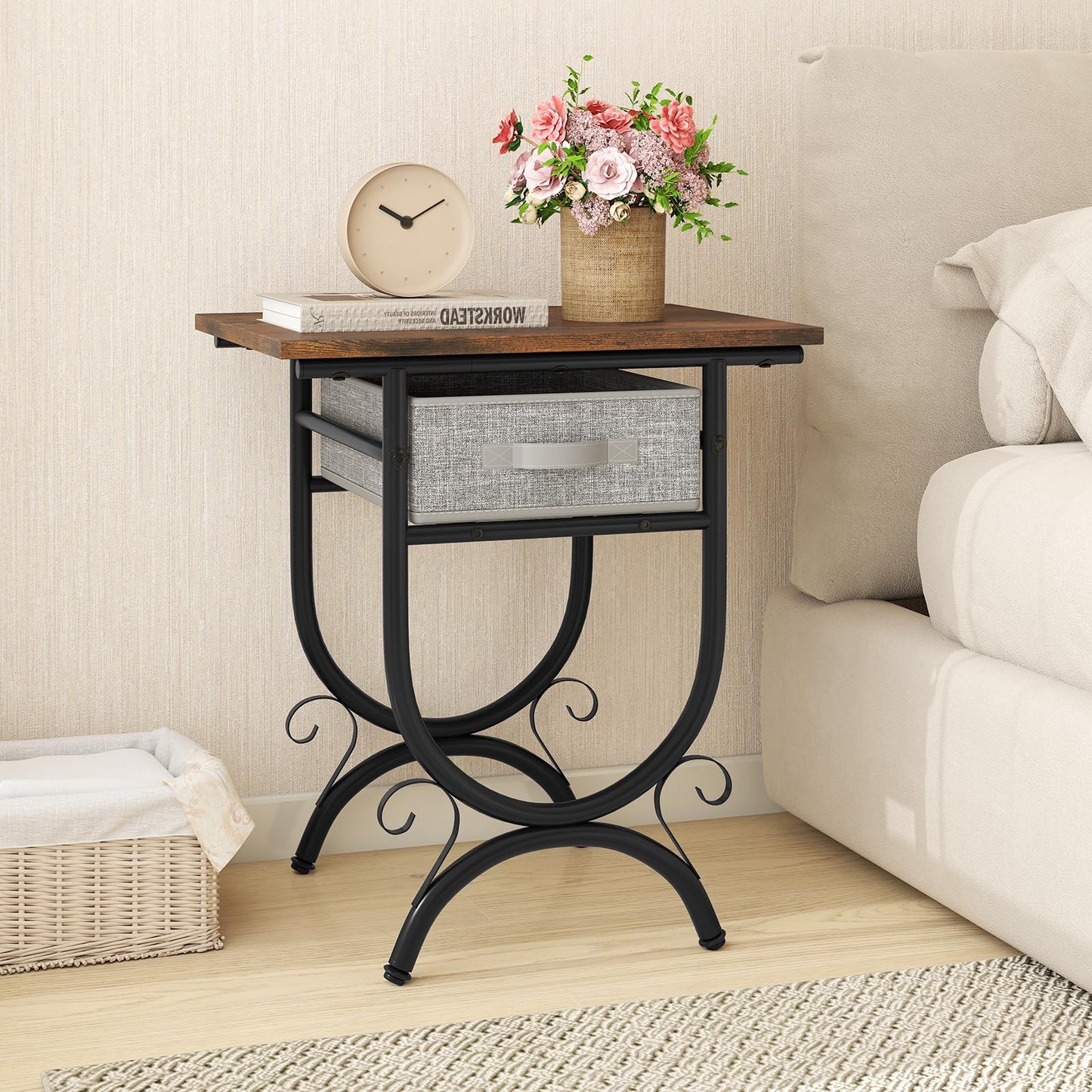 Side Table with Fabric Drawer, Nightstand with Carved Metal Frame
