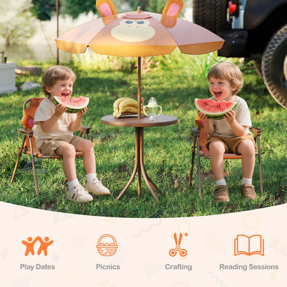 4Pcs Kids Picnic Set, Toddler Outdoor Activity Table w/2 Folding Chairs & a Height Adjustable Umbrella