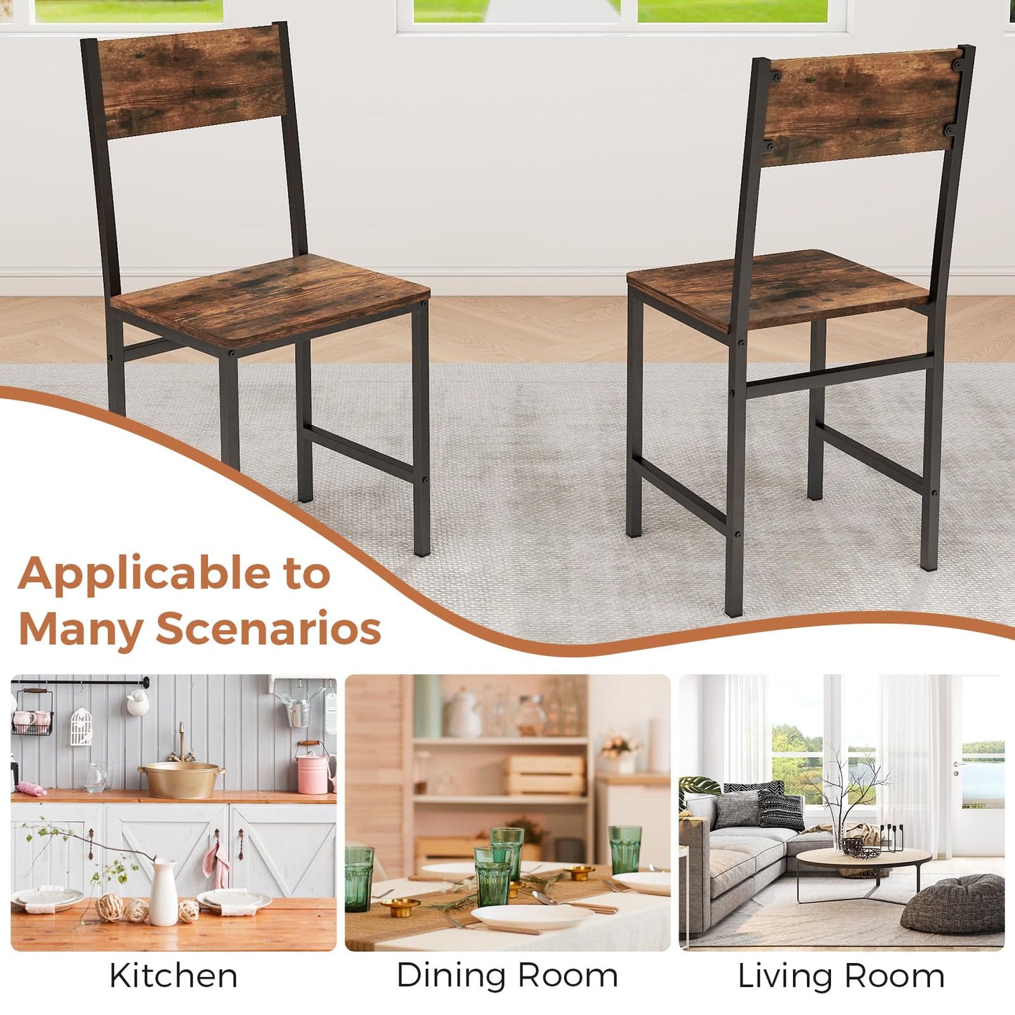Dining Chairs Set of 2/4, Rustic Wood & Metal Frame