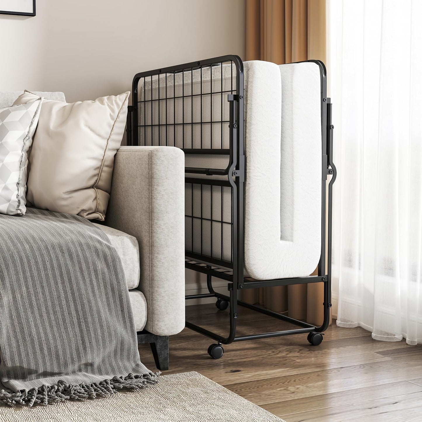 Twin Size Folding Bed, Rollaway Guest Bed with Memory Foam Mattress
