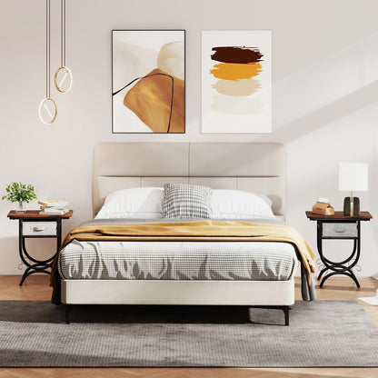Side Table with Fabric Drawer, Nightstand with Carved Metal Frame