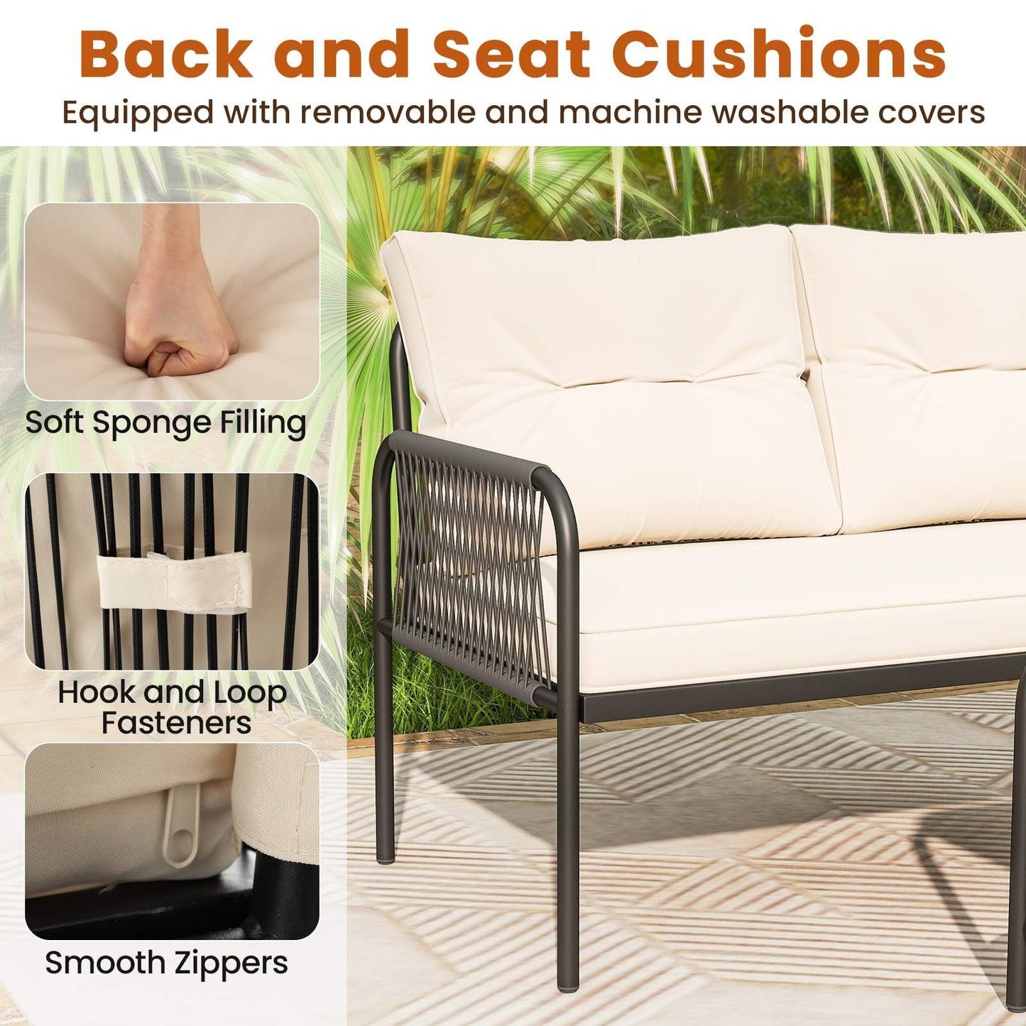 3-Piece Patio Sectional Sofa Set w/ Thick Cushions & Detachable Lounger for Yard