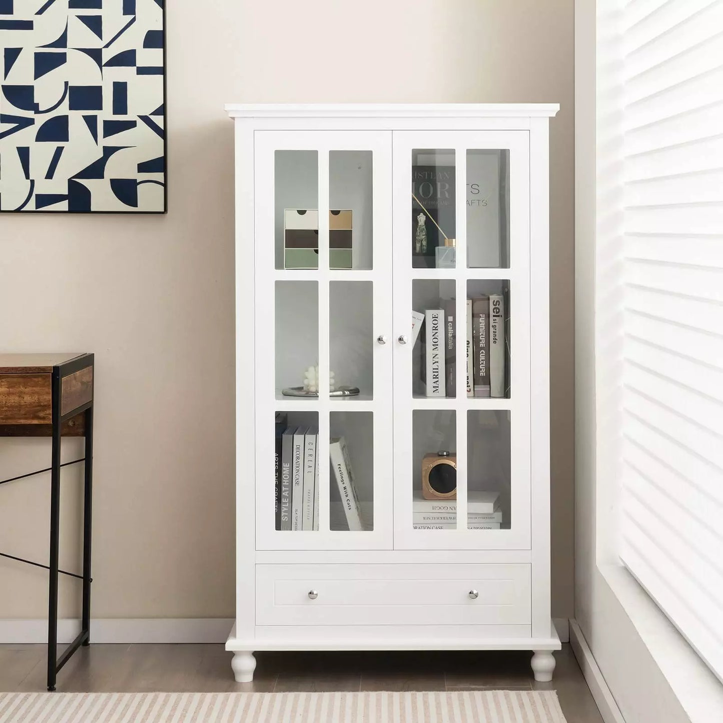 139cm H Bookcase Cabinet Display Bookshelf Cabinet w/ Tempered Glass Doors